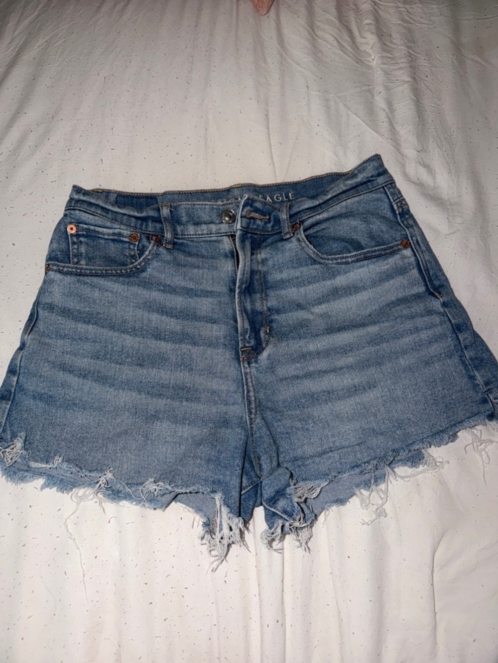 American Eagle Outfitters Light Blue High-Rise Frayed Hem Denim Shorts